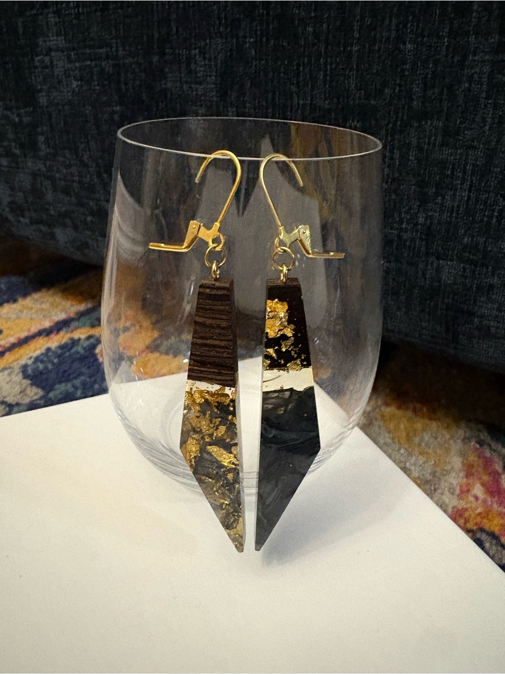 Gold Fleck Black and Brown Resin Geometric Drop Earrings